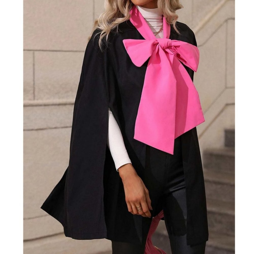 Pink Bow Tie Black Cloak Sleeve Cape Coat Jacket - Picture 7 of 7